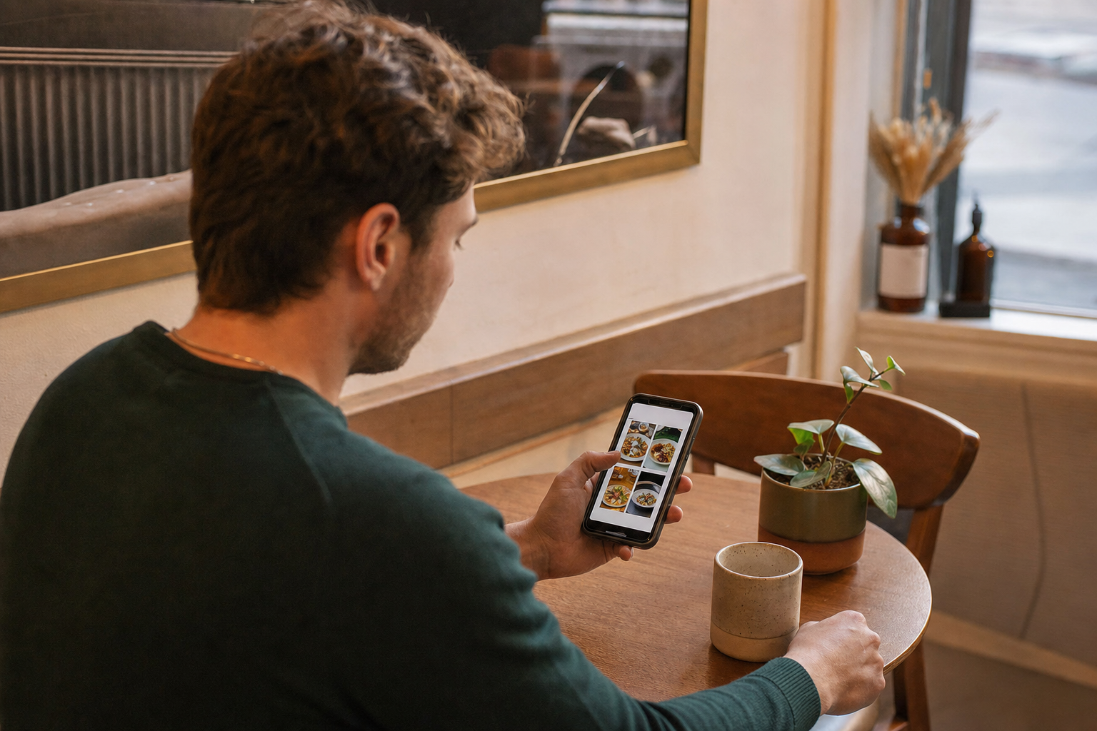 A diner browsing a restaurant brand site on a smartphone, warm cafe interior in the background.